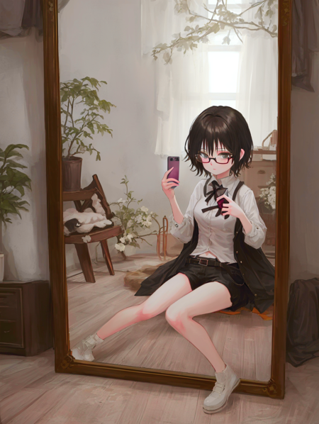 00008-1334872016-(1girl_1.1), lying,  (mirror_1.1),( holding phone_1.1), clothes, short hair, glasses,.png